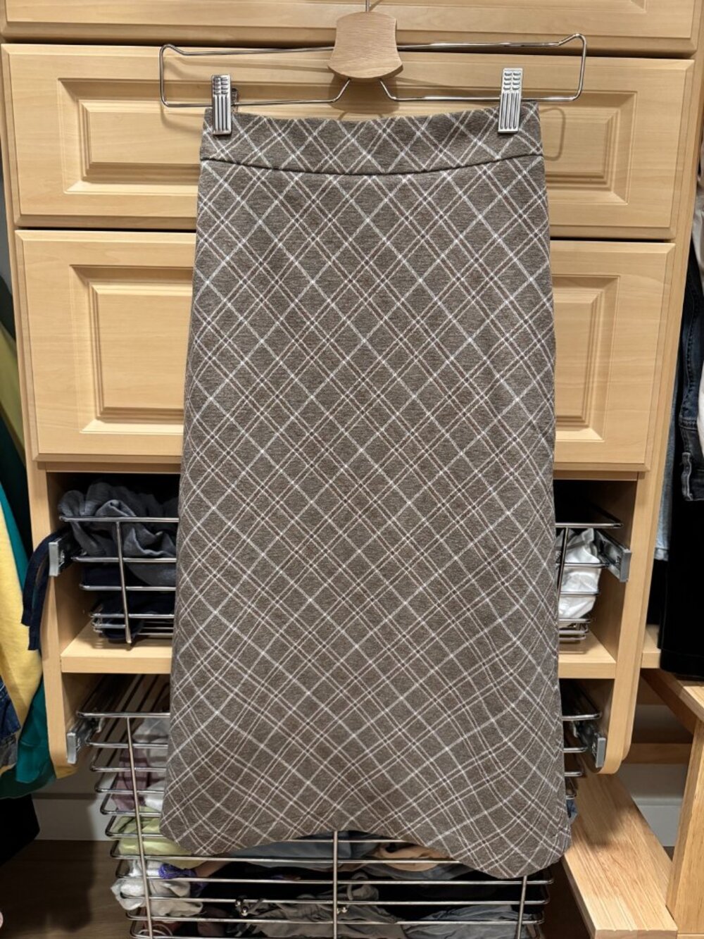 Brown Plaid Midi Pencil Skirt with Back Slit — Size S
